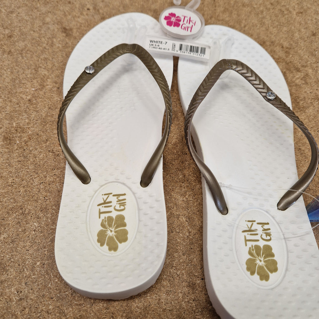 Tiki Girl Flip Flops - WHITE - Large (UK 6 - 7)